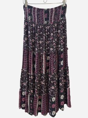 Coline - Floral Smocked Tiered Skirt - Black, Pink & Cream - FS